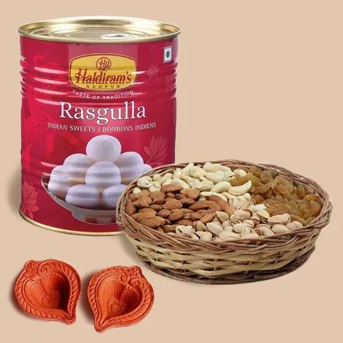 Ideal Combo of Rasgulla, Dry Fruits Bag n Diya Pair