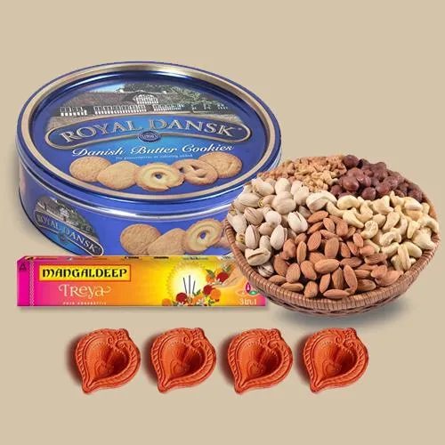 Ideal Combo of Butter Cookies, Nuts, Incense Sticks n Diya Pair