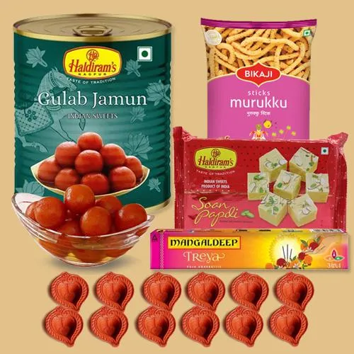 Tasty Assorted Sweets n Bikaji Snacks with Puja Essentials