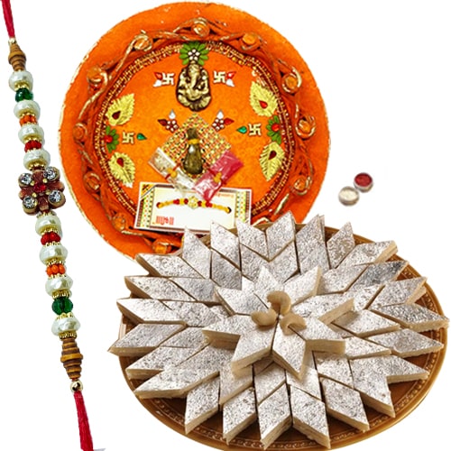 Rakhi Thali with Rakhis, Kaju Katli<br><font color=#0000FF>Free Delivery in USA</font> Rakhi Thali with Rakhis, Kaju Katli<br><font color=#0000FF>Free Delivery in USA</font>