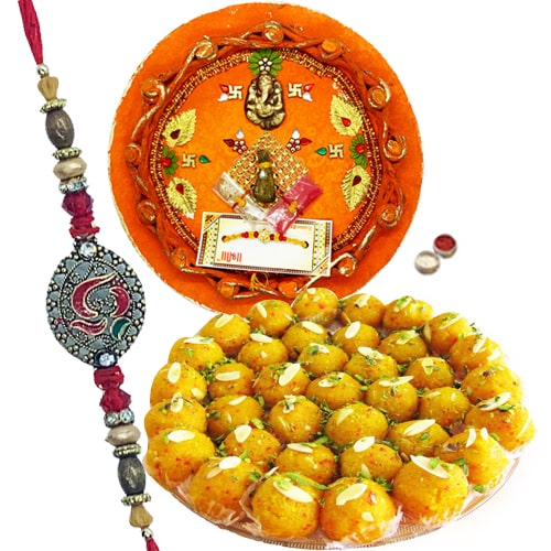 Fancy Beaded Rakhis with Thali and Sweet Paradise Fancy Beaded Rakhis with Thali and Sweet Paradise