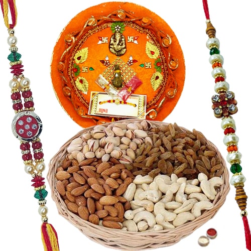 Rakhi Thali with Rakhis and Dry Fruits, Roli Tikka <br><font color=#0000FF>Free Delivery in USA</font> Rakhi Thali with Rakhis and Dry Fruits, Roli Tikka <br><font color=#0000FF>Free Delivery in USA</font>