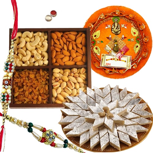 Rakhi Thali with Rakhis, Kaju Katli and Dry Fruits<br><font color=#0000FF>Free Delivery in USA</font> Rakhi Thali with Rakhis, Kaju Katli and Dry Fruits<br><font color=#0000FF>Free Delivery in USA</font>