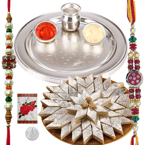 Rakhi Thali with Rakhis, Kaju Katli and Roli Tikka<br><font color=#0000FF>Free Delivery in USA</font> Rakhi Thali with Rakhis, Kaju Katli and Roli Tikka<br><font color=#0000FF>Free Delivery in USA</font>