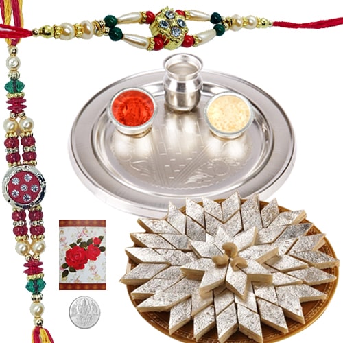 Rakhi Thali with Rakhis, Kaju Katli and Roli Tikka<br><font color=#0000FF>Free Delivery in USA</font> Rakhi Thali with Rakhis, Kaju Katli and Roli Tikka<br><font color=#0000FF>Free Delivery in USA</font>