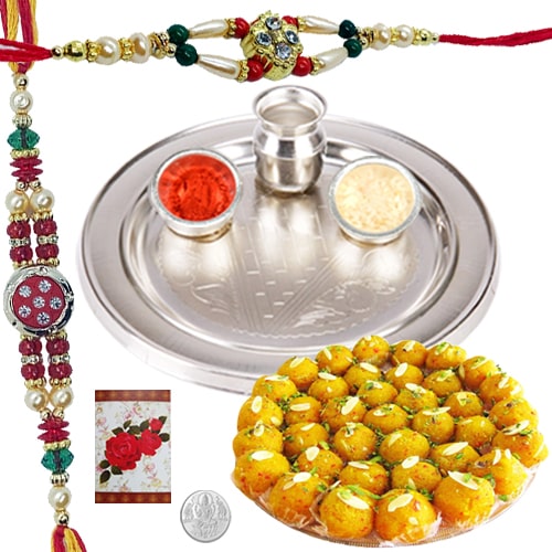 Enthralling 5 Inch. Silver Thali and 2 Fancy Rakhis with Assorted Sweets Enthralling 5 Inch. Silver Thali and 2 Fancy Rakhis with Assorted Sweets