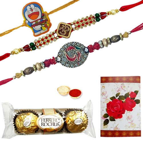 Fantastic 2 Ethnic Rakhi and 1 Kids Rakhi Combined with 3 Pcs. Ferrero Rocher Chocolates Fantastic 2 Ethnic Rakhi and 1 Kids Rakhi Combined with 3 Pcs. Ferrero Rocher Chocolates