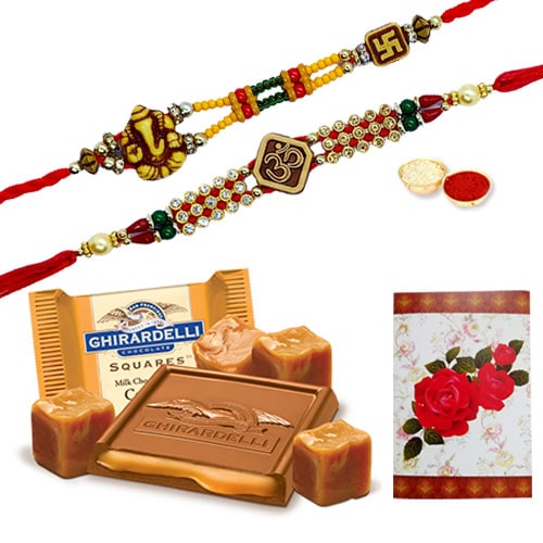 Elegant 2 or More Rakhi and famous Ghiradelli Chocolates with Love Elegant 2 or More Rakhi and famous Ghiradelli Chocolates with Love