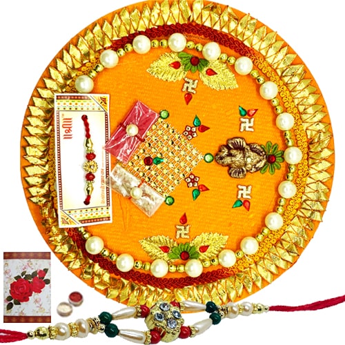 Graceful Thali and Rakhi with Beautiful Handmade Card Graceful Thali and Rakhi with Beautiful Handmade Card