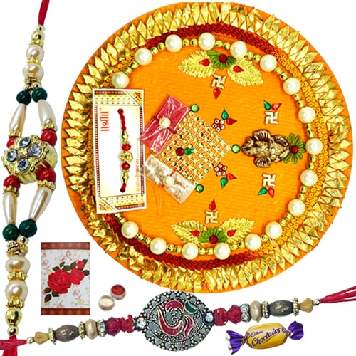 Irresistible Choco and 2 Rakhis of Ceaseless Brotherliness with Thali Irresistible Choco and 2 Rakhis of Ceaseless Brotherliness with Thali