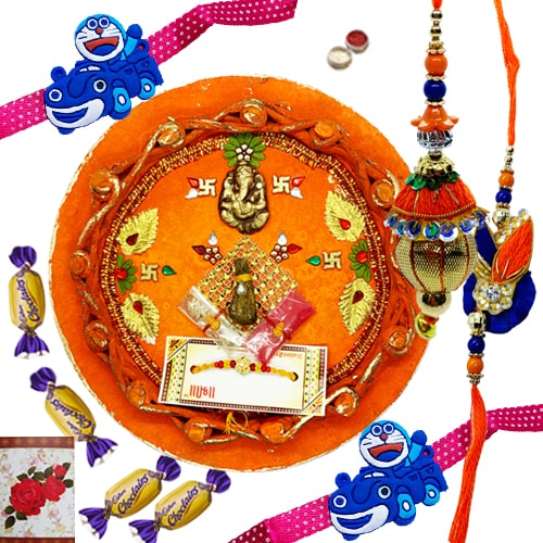 Soothing Rakhi Pair for Bhaiya Bhabhi and Kids Set with 3 Tempting Chocos Soothing Rakhi Pair for Bhaiya Bhabhi and Kids Set with 3 Tempting Chocos