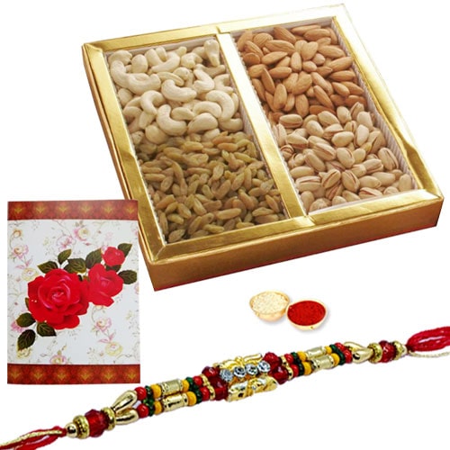 Tasty 500 Gms. Dry Fruits Teamed with One or More Ethnic Rakhi Tasty 500 Gms. Dry Fruits Teamed with One or More Ethnic Rakhi
