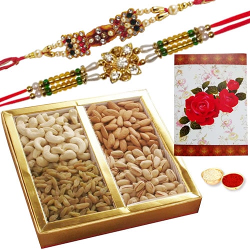 Tasty 500 Gms. Dry Fruits with 2 or More Designer Ethnic Rakhi Tasty 500 Gms. Dry Fruits with 2 or More Designer Ethnic Rakhi