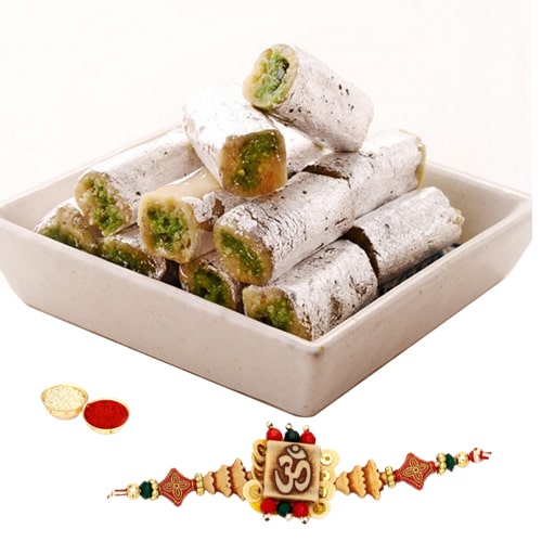 One or More Designer Ethnic Rakhi with 250 Gms. Kaju Pista Roll<br /><font color=#0000FF>Free Delivery in USA</font> One or More Designer Ethnic Rakhi with 250 Gms. Kaju Pista Roll<br /><font color=#0000FF>Free Delivery in USA</font>
