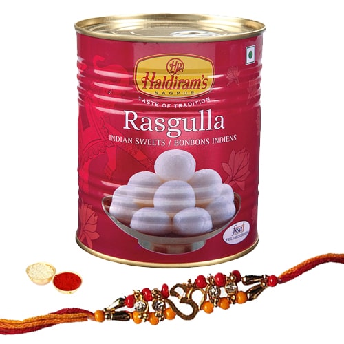 Auspicious Rakhi With Haldirams 1 Kg. Rasgulla Pack Auspicious Rakhi With Haldirams 1 Kg. Rasgulla Pack