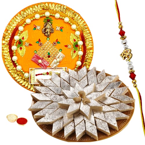 Rakhi Thali with One or More Designer Ethnic Rakhi and Kaju Katli<br /><font color=#0000FF>Free Delivery in USA</font> Rakhi Thali with One or More Designer Ethnic Rakhi and Kaju Katli<br /><font color=#0000FF>Free Delivery in USA</font>