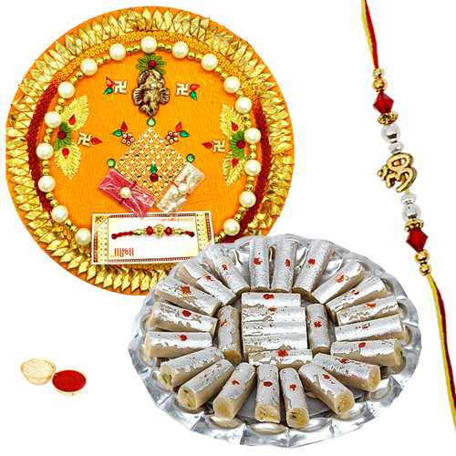 Rakhi Thali with One or More Designer Ethnic Rakhi and Kaju Pista Roll<br /><font color=#0000FF>Free Delivery in USA</font> Rakhi Thali with One or More Designer Ethnic Rakhi and Kaju Pista Roll<br /><font color=#0000FF>Free Delivery in USA</font>
