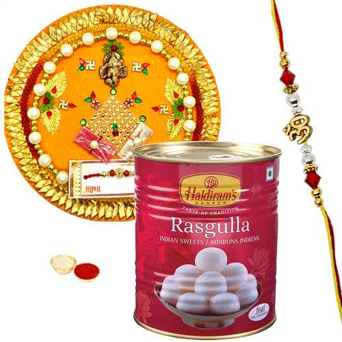 Amazing Rakhi with Rakhi Thali and Haldirams Rasgulla Pack Amazing Rakhi with Rakhi Thali and Haldirams Rasgulla Pack