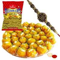 Delectable Boondi Ladoo of 250 gms. and Haldirams Bhujia of 200 gms. with a Fancy Rakhi Delectable Boondi Ladoo of 250 gms. and Haldirams Bhujia of 200 gms. with a Fancy Rakhi