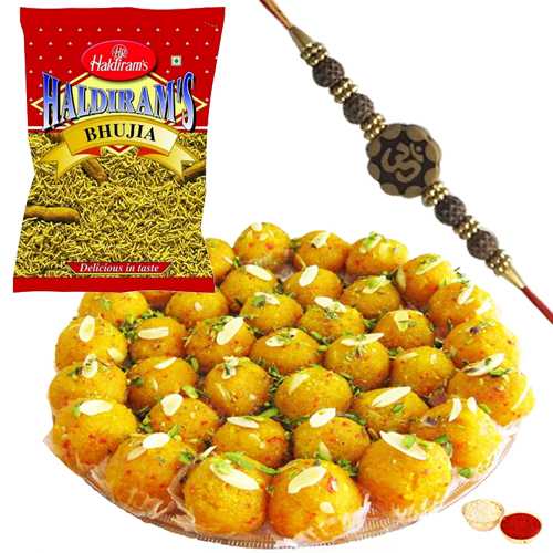 Delectable Boondi Ladoo of 250 gms. and Haldirams Bhujia of 200 gms. with a Fancy Rakhi Delectable Boondi Ladoo of 250 gms. and Haldirams Bhujia of 200 gms. with a Fancy Rakhi
