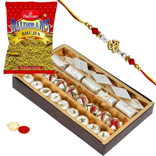 Mouth-watering Assorted Sweets of 500 gm., 200 gm. Haldirams Bhujia and a Rakhi Mouth-watering Assorted Sweets of 500 gm., 200 gm. Haldirams Bhujia and a Rakhi