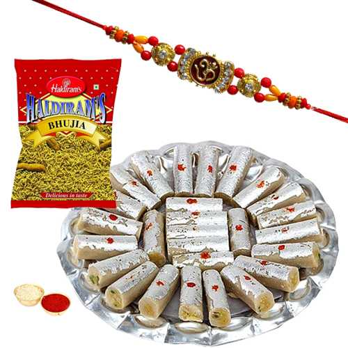 One or More Designer Ethnic Rakhi with 500 Gms. Kaju Pista Roll n 200 Gms. Haldirams Bhujia<br /><font color=#0000FF>Free Delivery in USA</font> One or More Designer Ethnic Rakhi with 500 Gms. Kaju Pista Roll n 200 Gms. Haldirams Bhujia<br /><font color=#0000FF>Free Delivery in USA</font>