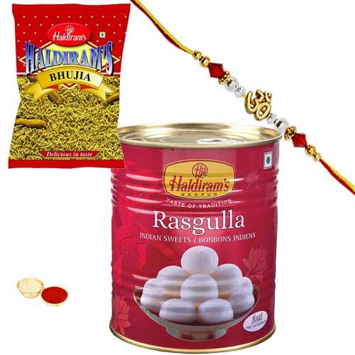 Delicious Haldirams 1 Kg. Rasgulla Pack and 200 gm. Bhujia with a Rakhi and a Handmade Paper Card Delicious Haldirams 1 Kg. Rasgulla Pack and 200 gm. Bhujia with a Rakhi and a Handmade Paper Card