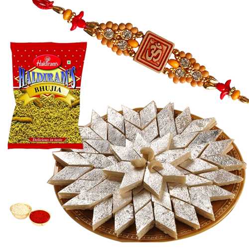One or More Designer Ethnic Rakhi with 500 Gms. Kaju Katli n 200 Gms. Haldirams Bhujia<br /><font color=#0000FF>Free Delivery in USA</font> One or More Designer Ethnic Rakhi with 500 Gms. Kaju Katli n 200 Gms. Haldirams Bhujia<br /><font color=#0000FF>Free Delivery in USA</font>