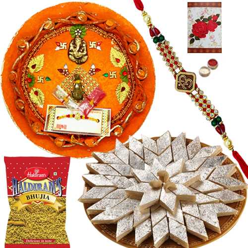Rakhi Thali with One or More Designer Ethnic Rakhi and Kaju Katli n 200 Gms. Haldirams Bhujia<br /><font color=#0000FF>Free Delivery in USA</font> Rakhi Thali with One or More Designer Ethnic Rakhi and Kaju Katli n 200 Gms. Haldirams Bhujia<br /><font color=#0000FF>Free Delivery in USA</font>