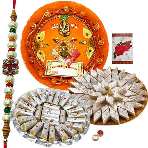 Rakhi Thali with One or More Rakhis, 250 Gms. Kaju roll n 250 Gms. Kaju Katli<br /><font color=#0000FF>Free Delivery in USA</font> Rakhi Thali with One or More Rakhis, 250 Gms. Kaju roll n 250 Gms. Kaju Katli<br /><font color=#0000FF>Free Delivery in USA</font>