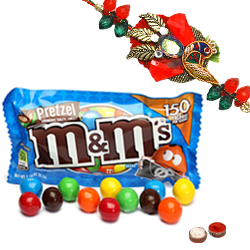 Wonderful M N M Chocolates 57 Gms. Bag and Ethnic Zerdosi Rakhi Wonderful M N M Chocolates 57 Gms. Bag and Ethnic Zerdosi Rakhi
