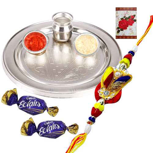 Stylish Silver Chromed Thali and Zardosi Rakhi with 2 Chocolates Stylish Silver Chromed Thali and Zardosi Rakhi with 2 Chocolates