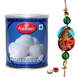 Sizzling Zardosi Rakhi with Haldirams Rasgulla Pack 1 Kg. Sizzling Zardosi Rakhi with Haldirams Rasgulla Pack 1 Kg.