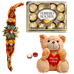 Rocking 8 Inch Teddy Plush with 12 Ferrero Rocher and Rakhi for Kids Rocking 8 Inch Teddy Plush with 12 Ferrero Rocher and Rakhi for Kids