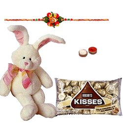 Mesmerizing 8 Inch Bunny with 75 Gms. Chocos from Hersheys Kisses and Kids Rakhi Mesmerizing 8 Inch Bunny with 75 Gms. Chocos from Hersheys Kisses and Kids Rakhi