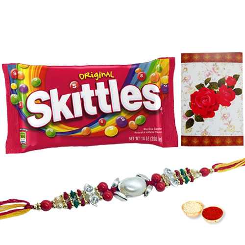 One or More Om/Ganesh Rakhi with Famous Skittles Chocolates Pack<br /><font color=#0000FF>Free Delivery in USA</font> One or More Om/Ganesh Rakhi with Famous Skittles Chocolates Pack<br /><font color=#0000FF>Free Delivery in USA</font>