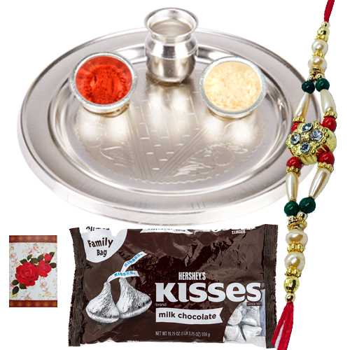 Silver Plated Rakhi Thali with One or More Rakhis n Hersheys Kisses Chocolates<br /><font color=#0000FF>Free Delivery in USA</font> Silver Plated Rakhi Thali with One or More Rakhis n Hersheys Kisses Chocolates<br /><font color=#0000FF>Free Delivery in USA</font>