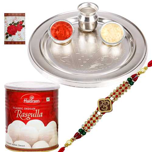 Silver Plated Thali with One Om/Ganesh Rakhi n Haldirams Rasgulla<br /><font color=#0000FF>Free Delivery in USA</font> Silver Plated Thali with One Om/Ganesh Rakhi n Haldirams Rasgulla<br /><font color=#0000FF>Free Delivery in USA</font>