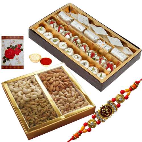 Rakhis with 500 Gms. Assorted Sweets with 500 Gms. Assorted Dry Fruits<br /><font color=#0000FF>Free Delivery in USA</font> Rakhis with 500 Gms. Assorted Sweets with 500 Gms. Assorted Dry Fruits<br /><font color=#0000FF>Free Delivery in USA</font>