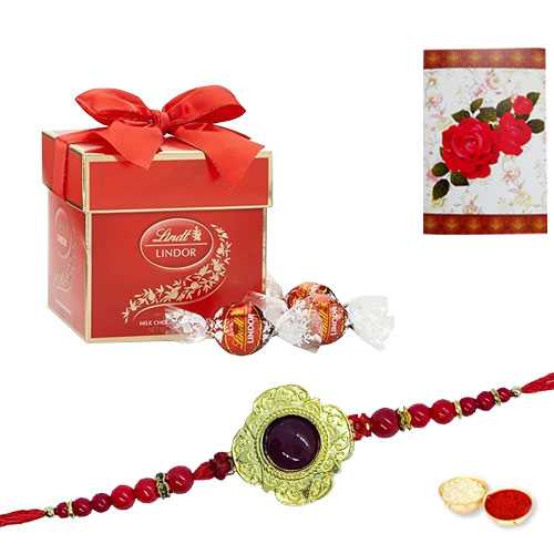 1 designer rakhi with 2pc Lindt chocolate<br><font color=#0000FF>Free Delivery in USA</font> 1 designer rakhi with 2pc Lindt chocolate<br><font color=#0000FF>Free Delivery in USA</font>