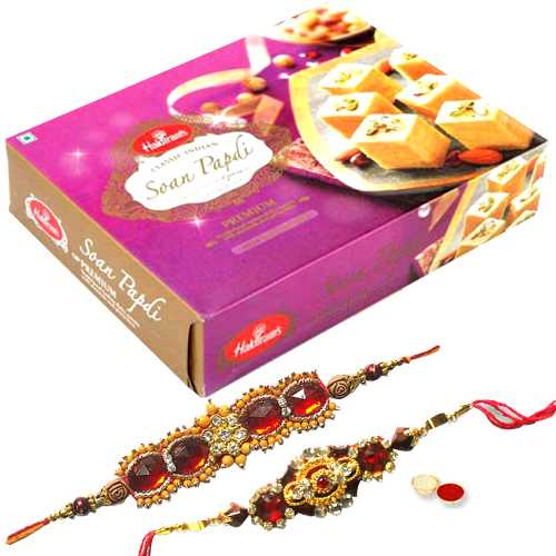 2 Ethnic Rakhi with 250 gm Haldiram Soan Papdi<br><font color=#0000FF>Free Delivery in USA</font> 2 Ethnic Rakhi with 250 gm Haldiram Soan Papdi<br><font color=#0000FF>Free Delivery in USA</font>