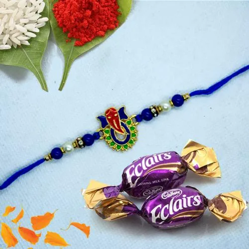 Dashing Ganesh Rakhi with Chocolates, Roli Chawal Tika n Card Dashing Ganesh Rakhi with Chocolates, Roli Chawal Tika n Card