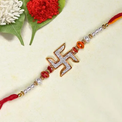 Impressive Swastik Rakhi with Roli Teeka Chawal n Card