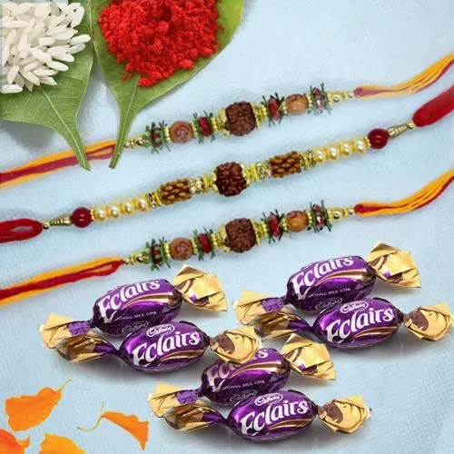Classy 3 Rudraksha Rakhi Set with Chocolates, Roli, Chawal n Card Classy 3 Rudraksha Rakhi Set with Chocolates, Roli, Chawal n Card