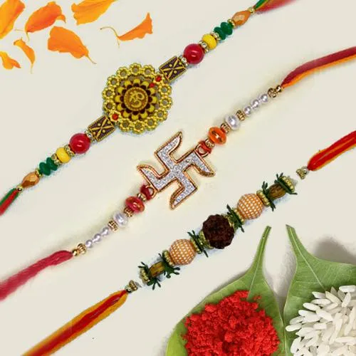 Pious Combo of OM, Swastik N Rudraksha Rakhi