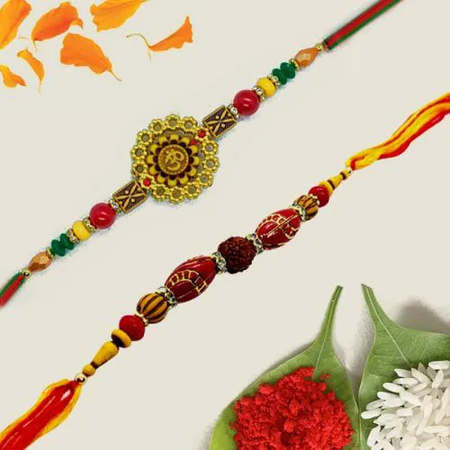 Extravagant Set of OM n Rudraksha Rakhi with Roli Tika N Card