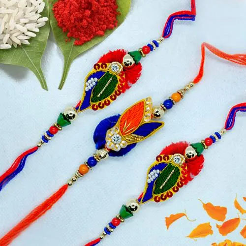 Elegant Three Zardosi Rakhi Set with Roli, Chawal n Card