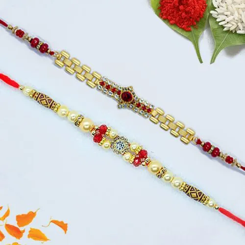 Gorgeous Pair of Jewel Rakhi with Roli, Chawal Tika n Card Gorgeous Pair of Jewel Rakhi with Roli, Chawal Tika n Card