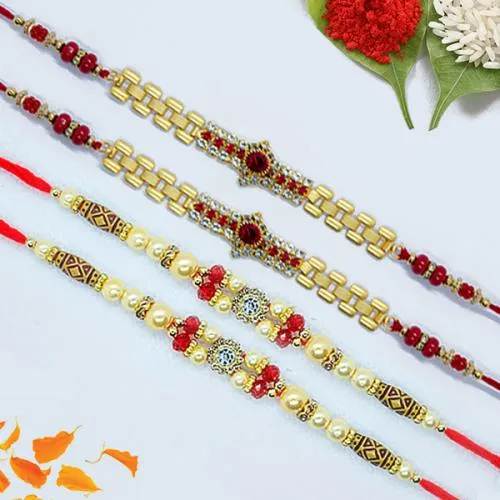 Glamorous Set of 4 Jewel Rakhi with Roli, Chawal n Card Glamorous Set of 4 Jewel Rakhi with Roli, Chawal n Card