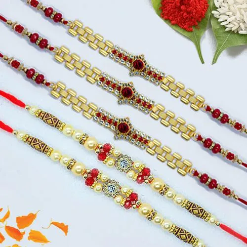 Charismatic Jewel Rakhi Set of 5 with Roli, Chawal Tika n Card